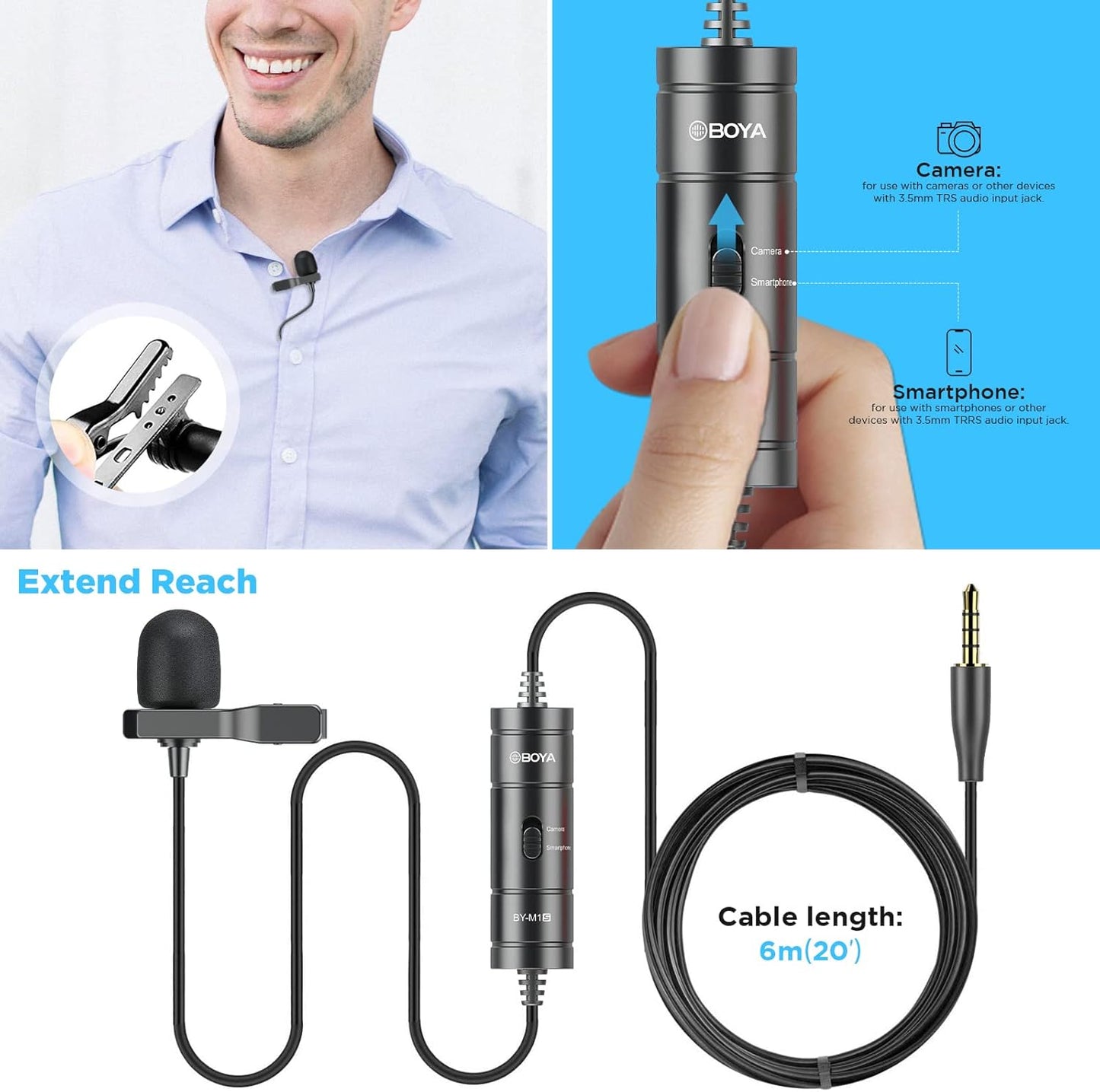 BOYA BY-M1S Professional Lavalier Lapel Microphone Omnidirectional Condenser Mic for iPhone Android Smartphone DSLR