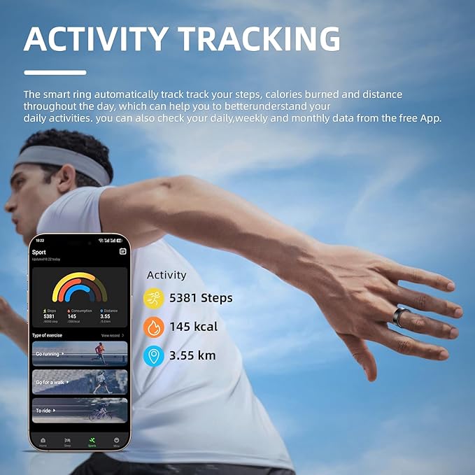Smart Ring for Women Men, Health Fitness Tracker, 10ATM Waterproof Ring for iOS and Android, No Subscription Fee (Black, 9)
