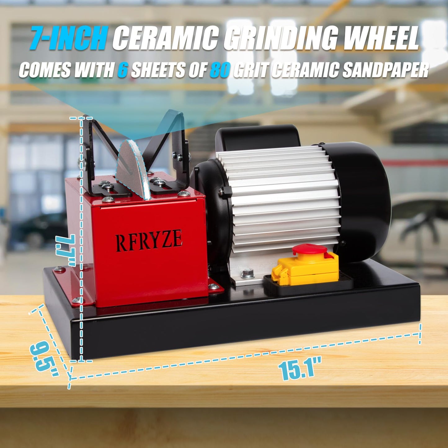 RFRYZE Lawn Mower Blade Sharpener 550W 1700 RPM, 3/4HP Bench Grinder with 7-Inch Ceramic Wheel, Adjustable Angle Sharpener for High Lift, Low Lift, Gator & Flat Blades