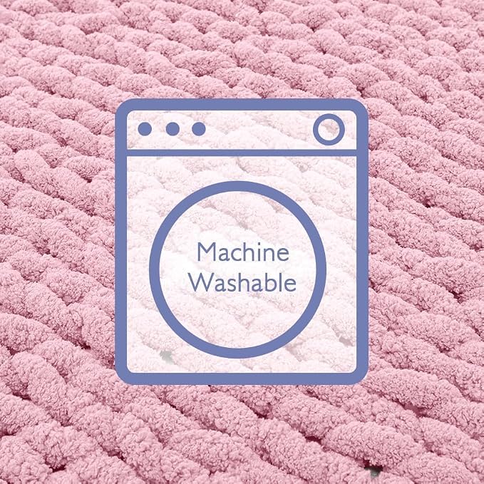 Bigacogo Chunky Knit Throw Blanket for Couch, 40x80 inches, 100% Hand Knitted with Thick Jumbo Chenille Yarn, Cozy Soft Large Rope Knot Cable Crochet Blankets for Sofa Bed Living Room, Blush Pink