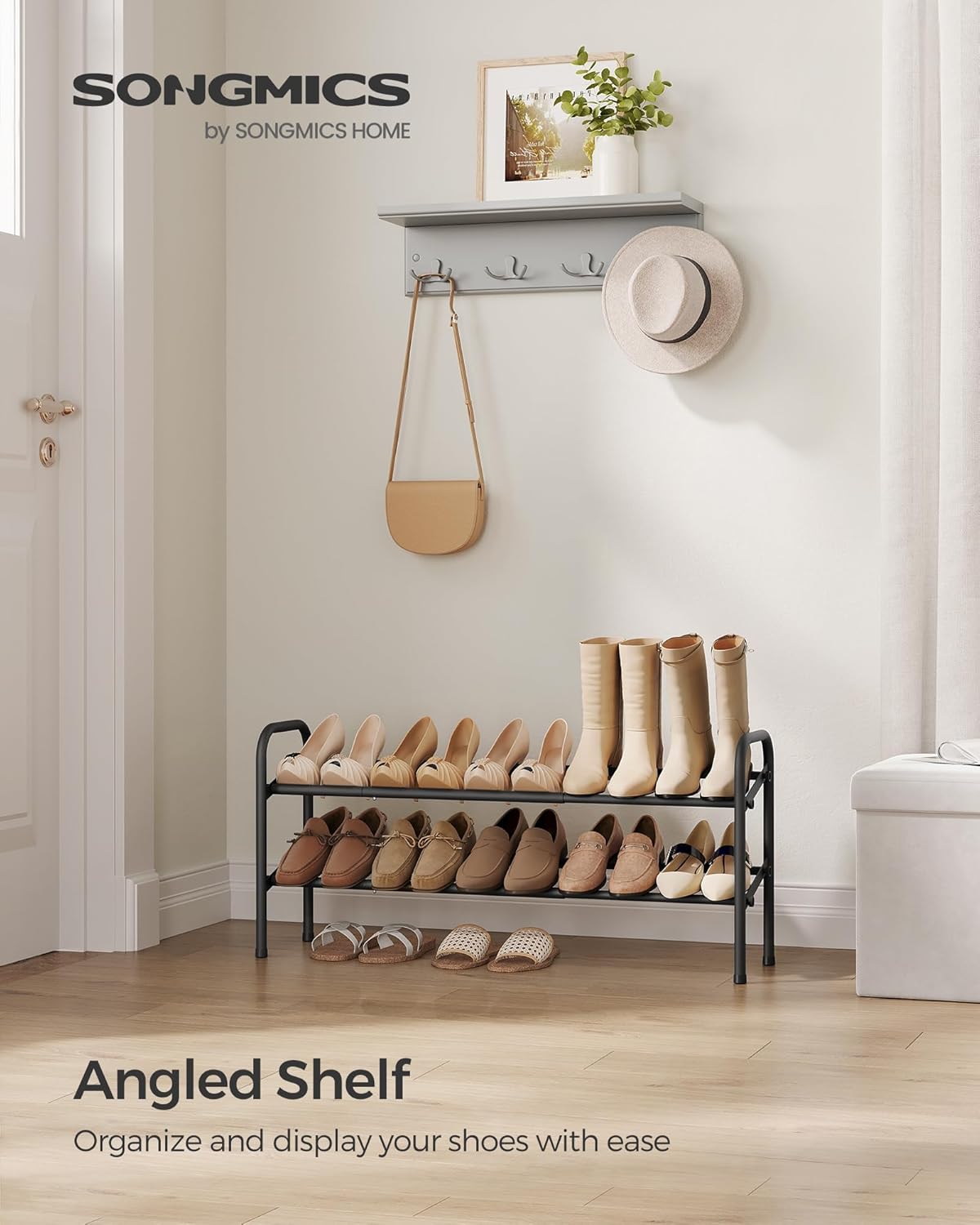 SONGMICS Expandable Shoe Rack - Adjustable 2-Tier Organizer for 15 Pairs - Metal Storage Solution in Ink Black