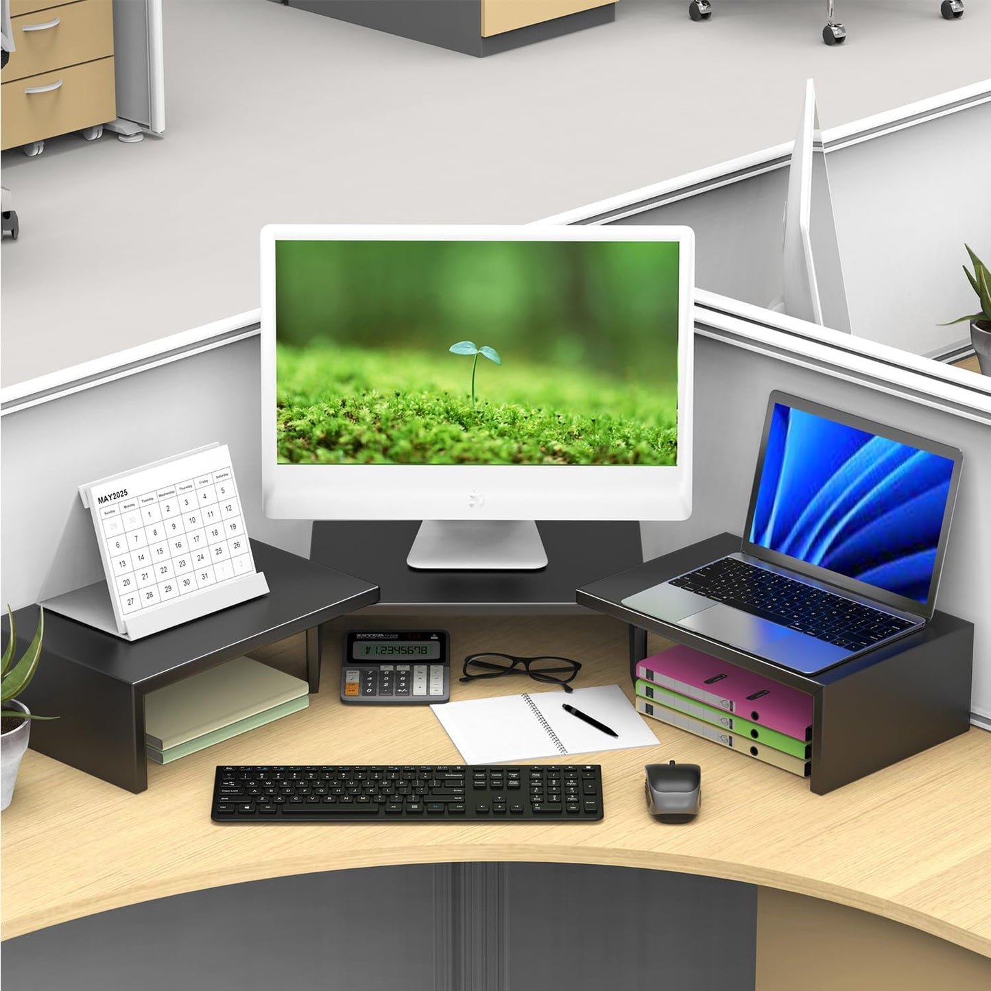 Black Metal Dual Monitor Stand - Ergonomic Desk Riser for Home and Office