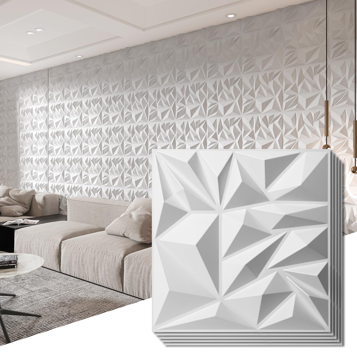 Art3d 33-Pack 3D Wall Panels for Interior Wall Decor, Modern Diamond Textured Accent Wall Paneling for Gaming Living Room TV Wall Background, 12 x 12 inch White, A10342