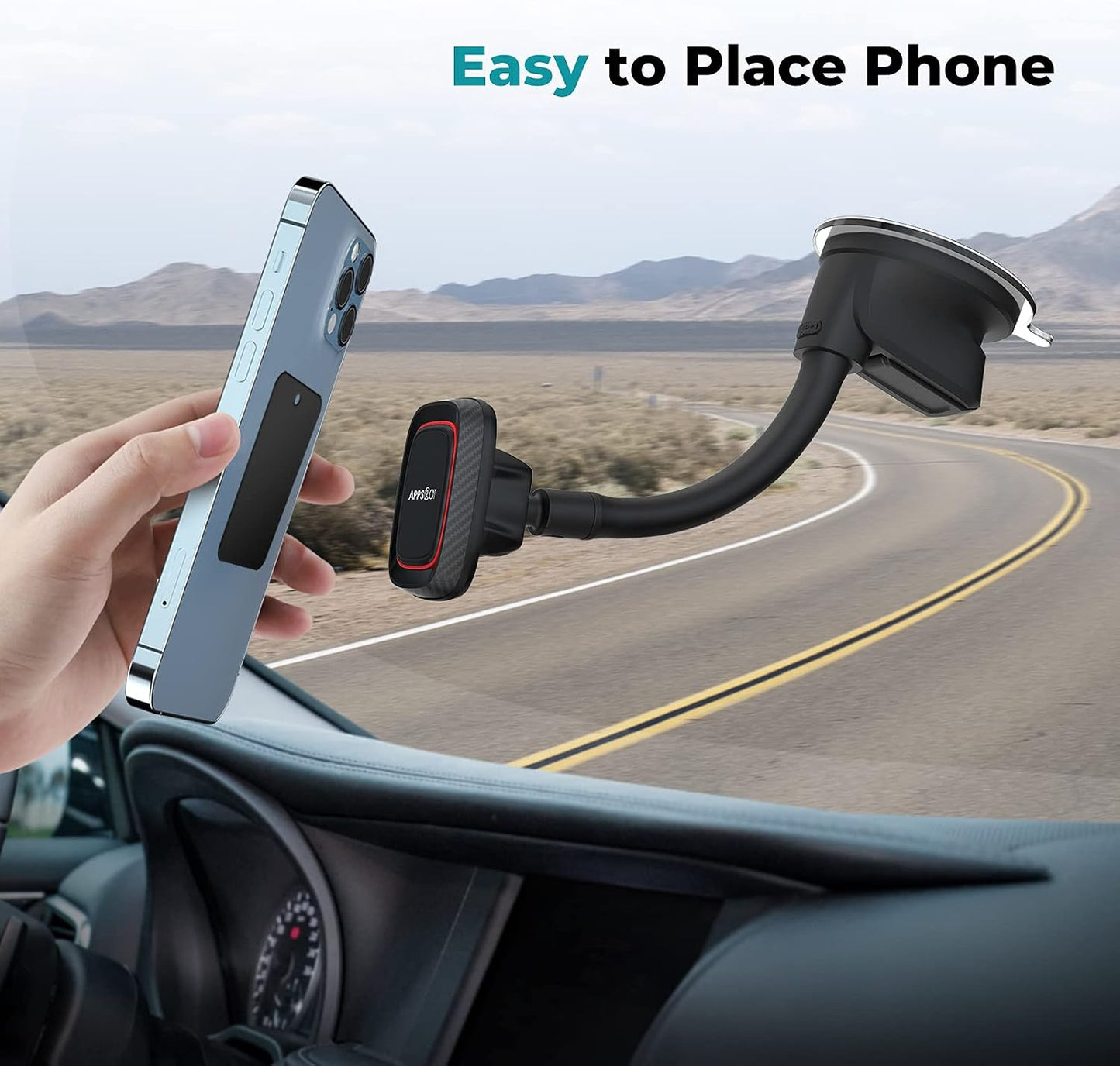 APPS2Car Magnetic Phone Holder for Car, Dashboard Windshield Phone Holder Mount with Flexible Arm & Built-in Strong