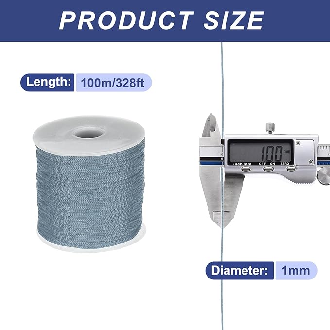 MECCANIXITY 1/16 Inch Polypropylene Rope Braided Ropes, 328ft Nylon Rope Hollow Utility Cord for Clothesline, Camping, Hiking, Outdoor, Light Grey