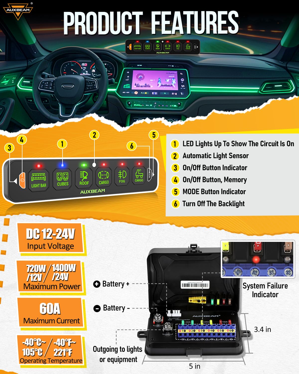 Auxbeam 6 Gang Slim Switch Panel RGB AS-R60 Toggle Momentary Pulsed Dimmable Backlight Multifunction Switch Panel with Memory Function for 12-24V Truck Offroad Car Marine Waterproof, 3 Years Warranty