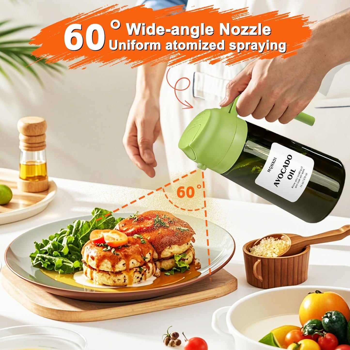 Skiennix 2-in-1 Glass Oil Sprayer & Dispenser - 16oz Olive Oil Bottle for Cooking & Salad | White & Dark Green