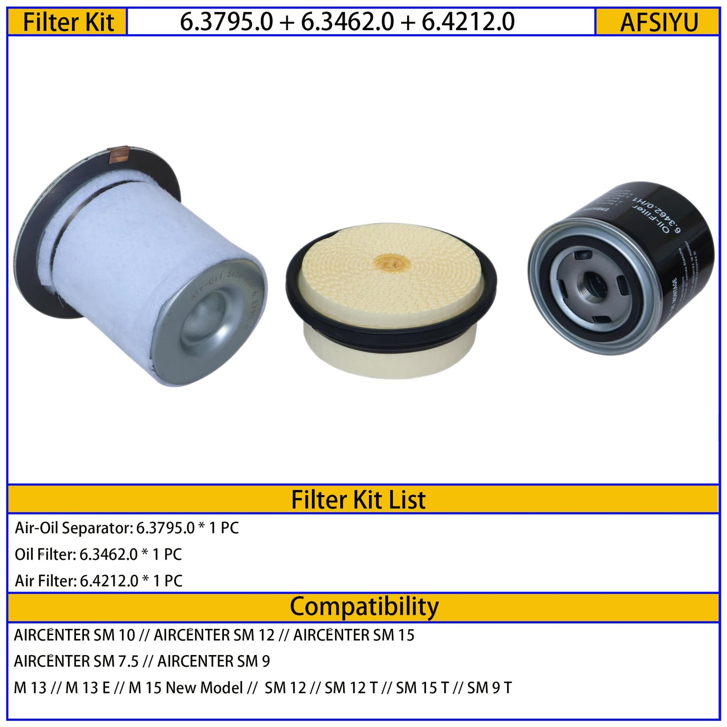6.3795.0 Air-Oil Separator + 6.3462.0 Oil Filter + 6.4212.0 Air Filter,Filter Kit Compatible with M/SM Series Air Compressor Replacement Part
