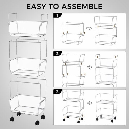 Delamu 3 Tier Rolling Cart for Kitchen, Bathroom, Office, Acrylic Utility Storage Carts with 2 Lockable Wheels, Ideal for Small Spaces, Pantry, Classroom, Makeup Organizer, Dorm Storage, Clear