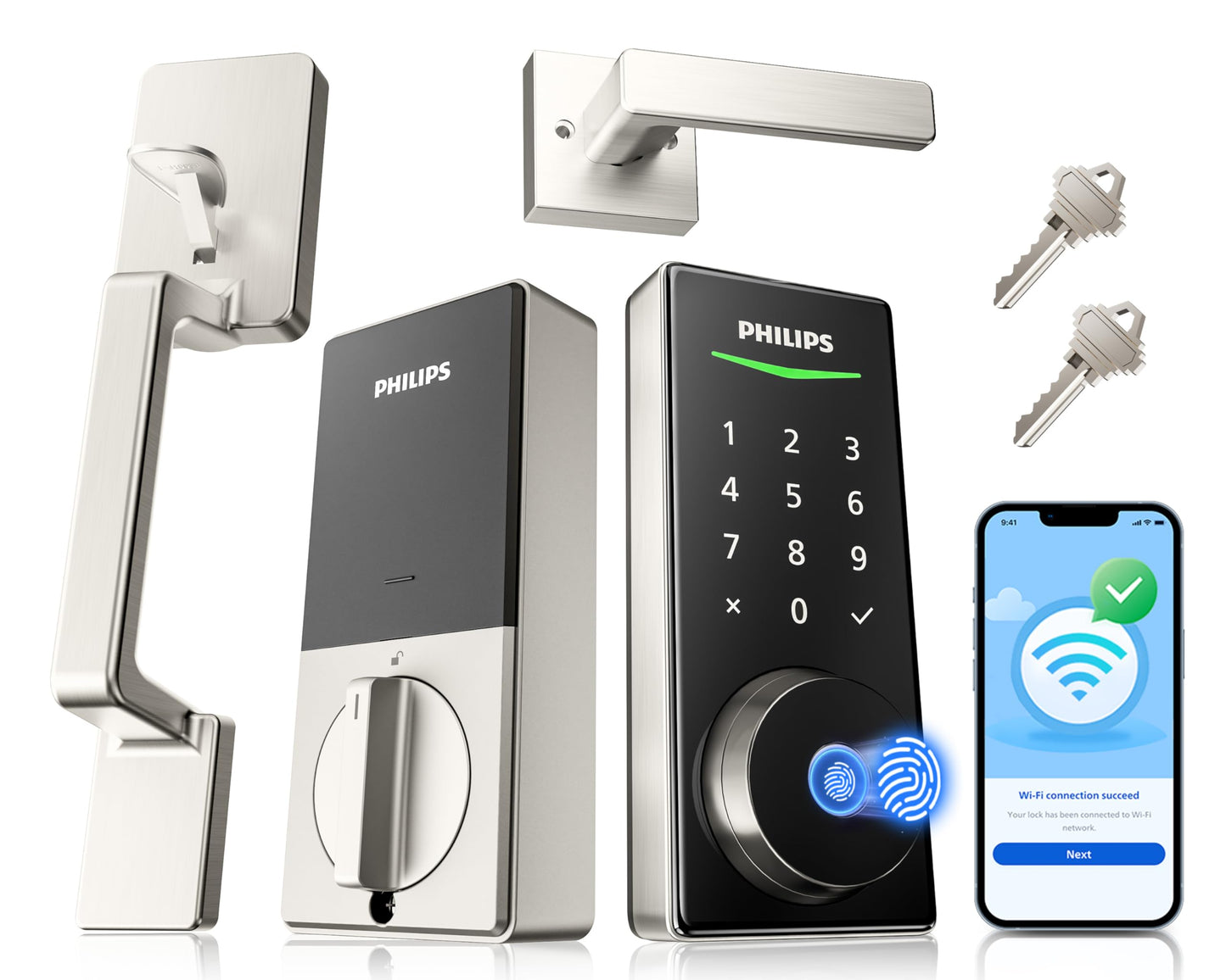 Philips WiFi Smart Lock with Front Door Handle Set, Built-in WiFi, APP Remote & Voice Control, Fingerprint Keyless Entry Door Lock, Keypad Deadbolt Smart Locks for Front Door, Auto-Lock, Satin Nickel