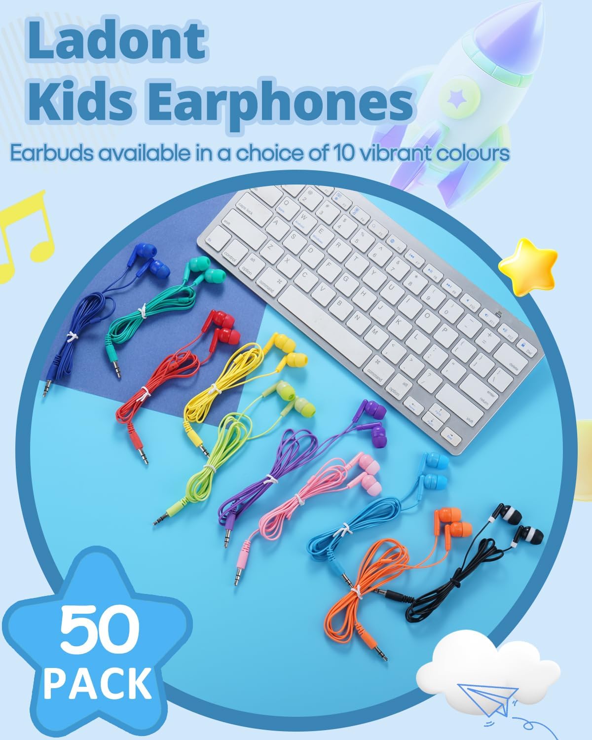 50 Pack Set 3.5mm Bulk Earbuds for Kids, Classroom Earbuds, Affordable in-Ear with Jack, Wired Headphones