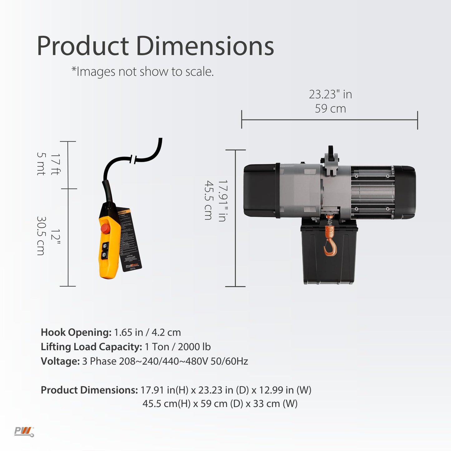 Prowinch 1 Ton Electric Chain Hoist – Single Speed, Heavy Duty H4, Dual Voltage 208/480V 3-Phase, 13 ft Lifting Height, G100 Nickel Chain, IP55 – ASME B30.16 Industrial Hoist