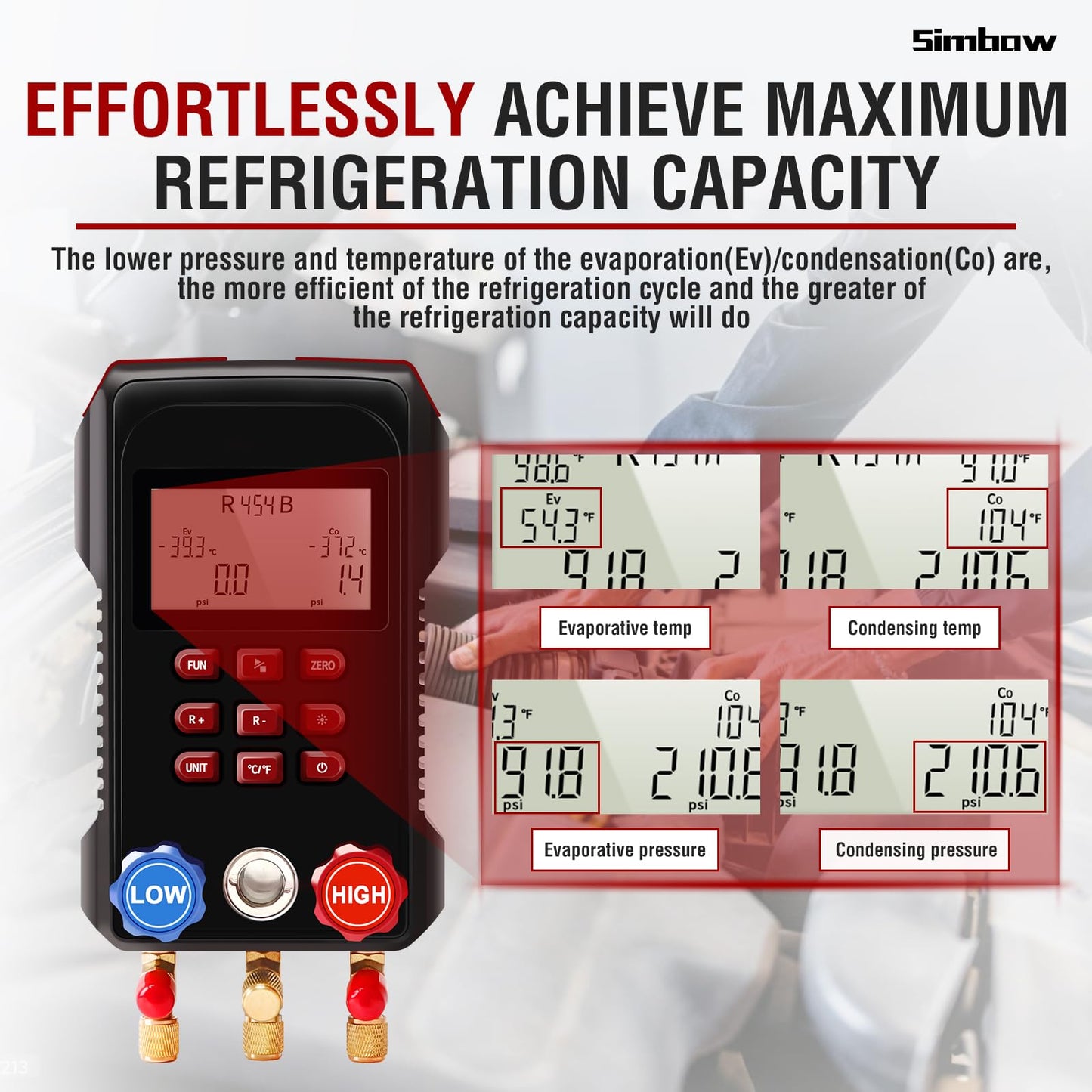 Simbow Digital Manifold Gauge, AMF-300 Digital AC Gauge Set HVAC Gauges with Super Soft 3000 Psi Air Hose Strong Biting Force Temperature Clamp for HVAC System Install Tool A2L R454B R-32 R-1234yf