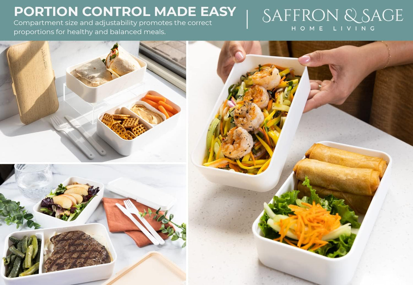 Saffron & Sage Bento Lunch Box - 42oz White Japanese Style Box with Cutlery & Bag | Leak-Proof & Microwave Safe