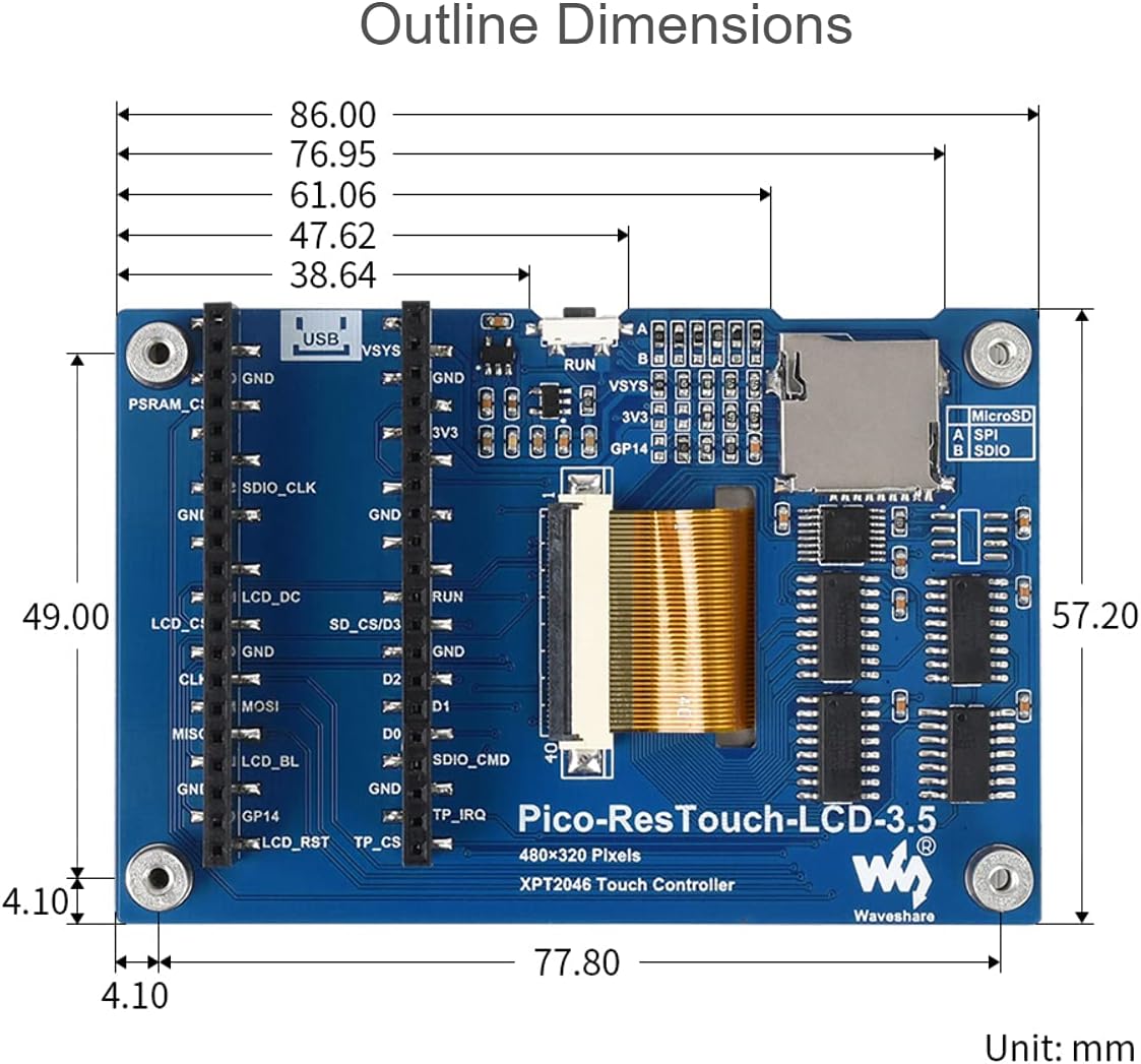 waveshare 3.5inch 480320 65K XPT2046, ILI9488 for Raspberry Pi Pico LCD Touch Display Module Resolution Colors Display