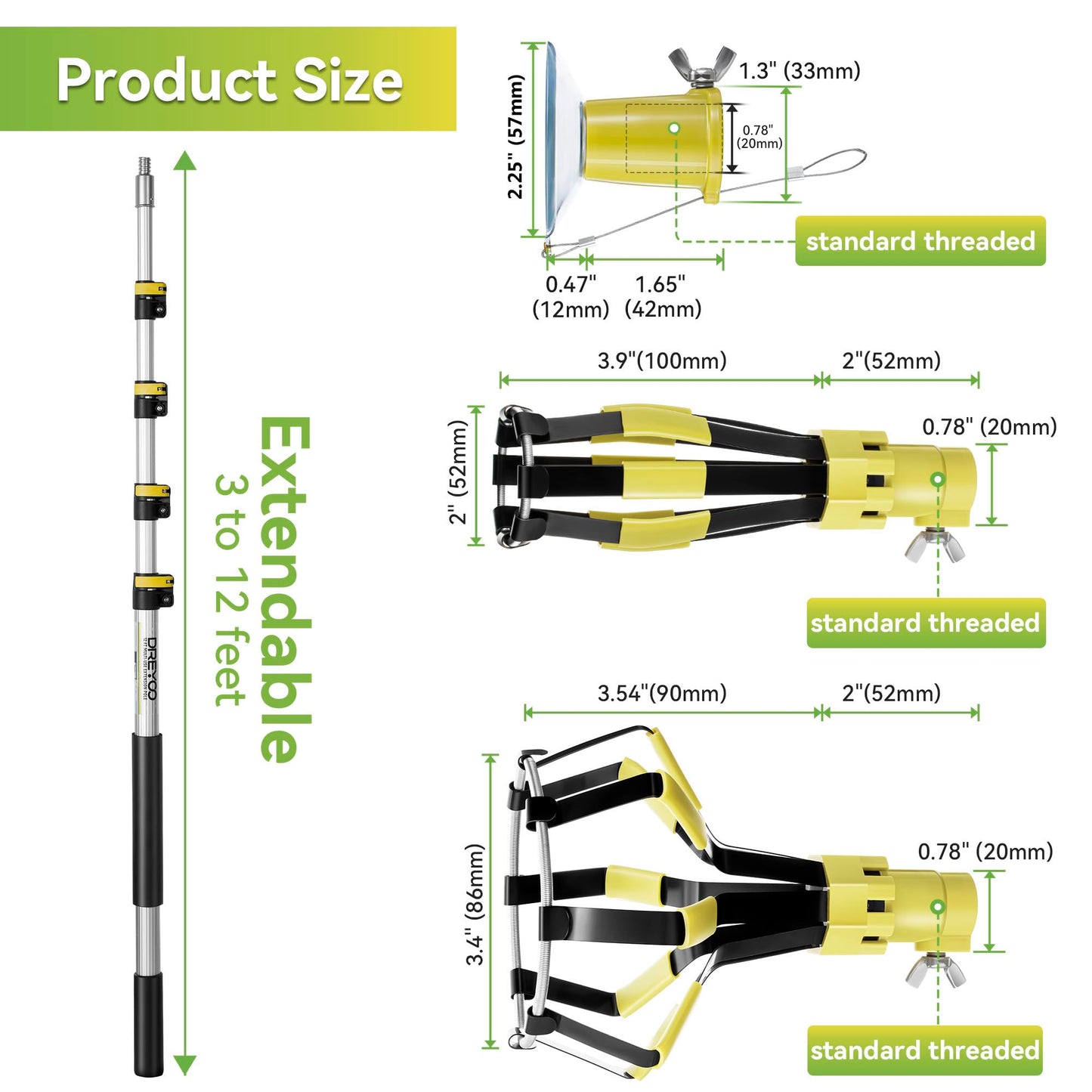 Dreyoo Light Bulb Changer Set with Telescopic Pole 3-12 ft, Metal, Yellow, Model DR-Dreyoo-0995