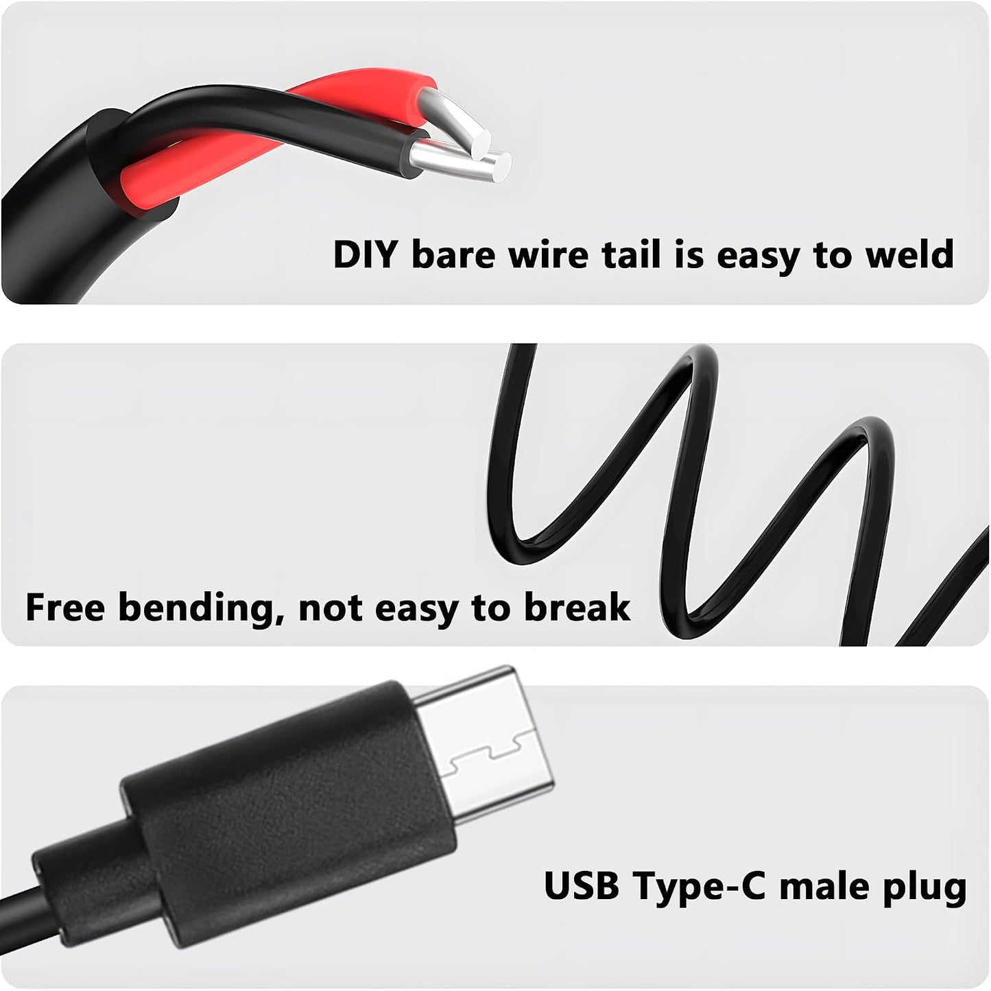 2 Cable,5V 3A 22AWG 2 Repair-0.5M/1.64FT (2PCS) USB Type-C Pin Bare Wire USB C Male Plug to Pin Open End Pigtail