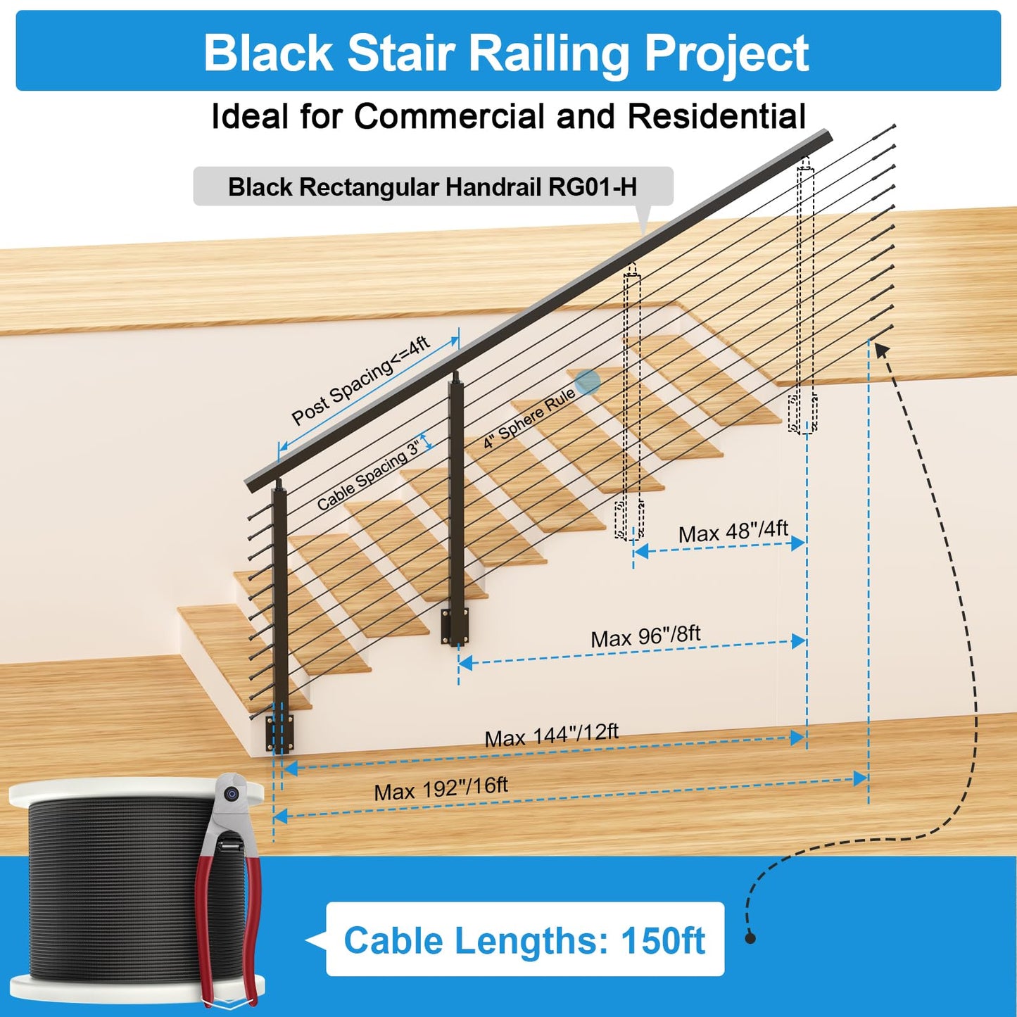 RailinGo 4-12FT 36" Side Mount Stair Railing Post Kits Include 2Pack Right Side Stair Posts, 150FT Wire Rope, Fasica Mount Swageless Stair Railing, 1/8" Stainless Steel Black Cable Railing Kits, RG73