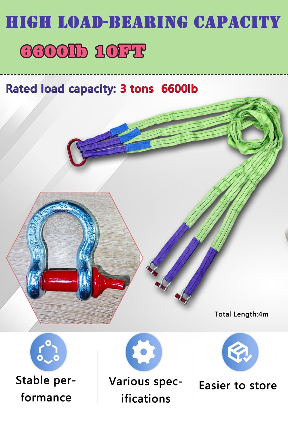 Ribowri Lifting Slings Straps with Shackles - 10 FT, 6600LB Capacity Polyester Bridle Sling, Heavy Duty Three Leg Rigging Strap for Cranes, Hoists, Trucks, Heavy Equipment Moving (SJ-3Leg-3T)