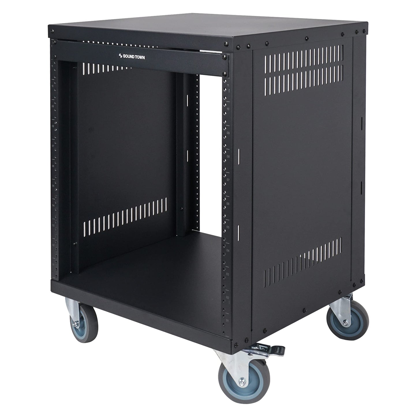 Sound Town 12U Universal Steel Rack, w/ 3" Locking Casters, Vented Side Panels for Audio Video, Server and Network Equipment (STRK-M12U)