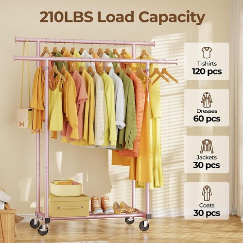HYSEYY Double Rod Clothing Rack - Sturdy Portable Garment Rack for Bedroom & Laundry | Pink