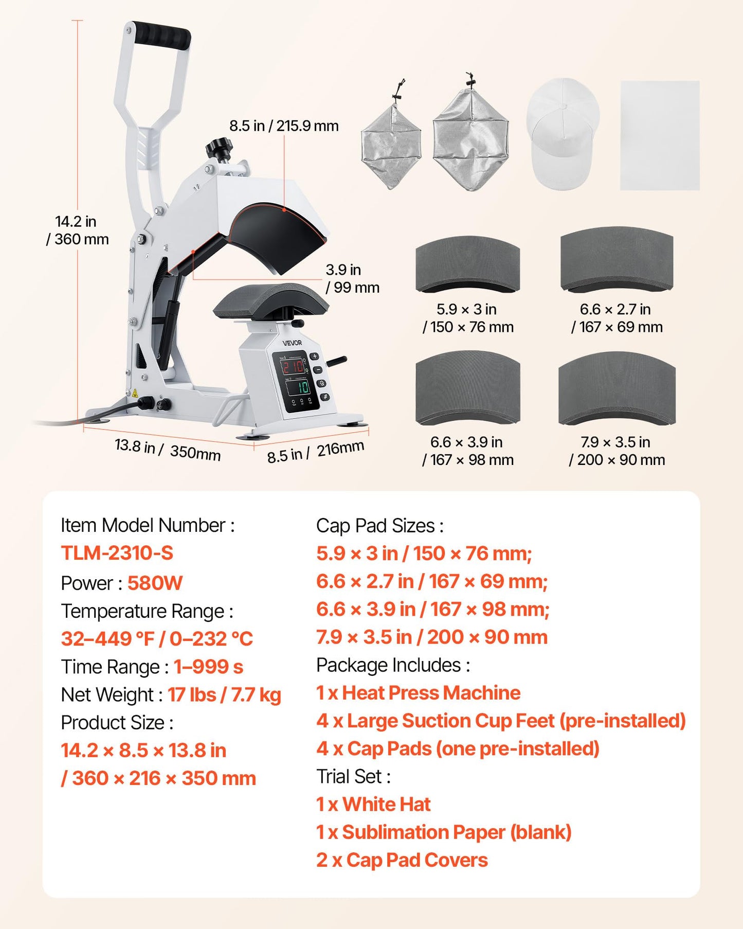 VEVOR Hat Heat Press Machine, with 4 Interchangeable Platens and Caps Stretcher, Precise Temperature & Time Control, Heat Press for Hats and Caps, for HTV Iron On and Sublimation Projects, White