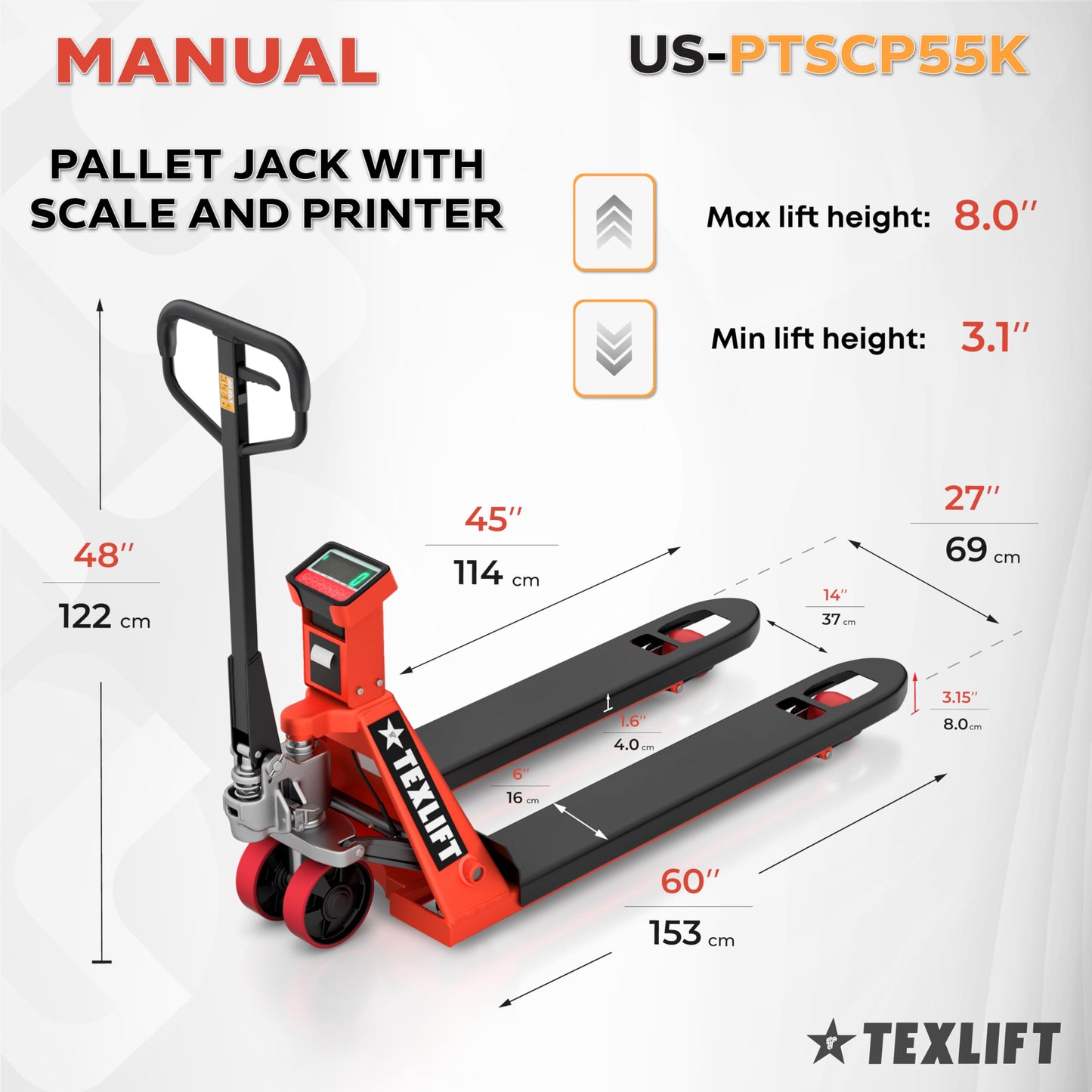 Industrial Manual Pallet Jack with Built-in Scale & Printer, 5500 lb Capacity, 48" x 27" Forks, Heavy-Duty Hand Pallet Truck with Digital Weighing & Receipt Printing, 8" Lift Height (US-PTSCP55K.)