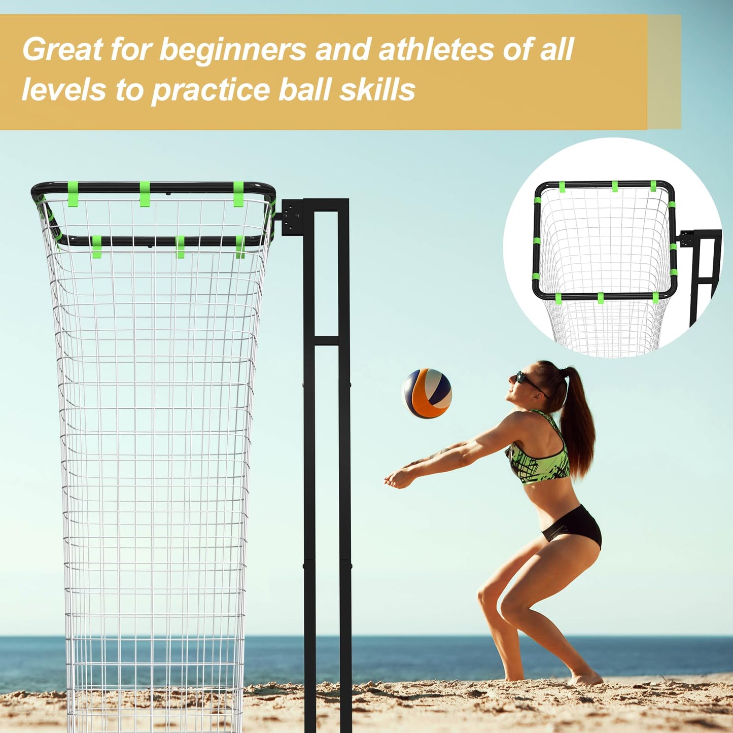 Volleyball Setter Training Equipment, Setting Trainer Net with Target Hoop, 5 Angles Adjustable, Height Adjustable for Serving Spiking Drills System with Ball Collection Bag