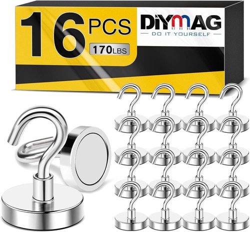 DIYMAG Magnetic Garage Hooks - Heavy Duty 170lbs Capacity | 16 Pack for Home, Classroom & Kitchen