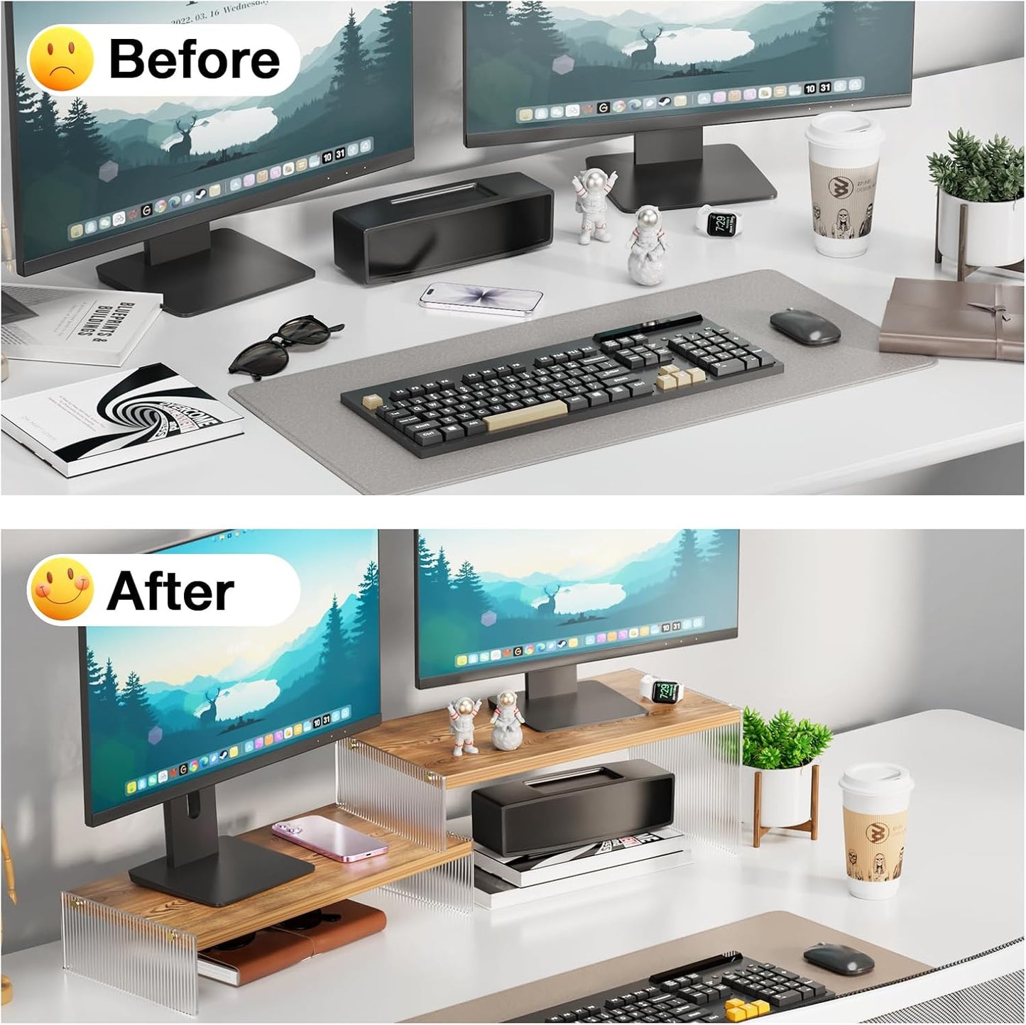 Legs15.74" Desk2-Tier PCModern Adjustable Monitor Stand Riser with Acrylic Length Dual Monitor Stand for Wood Desktop