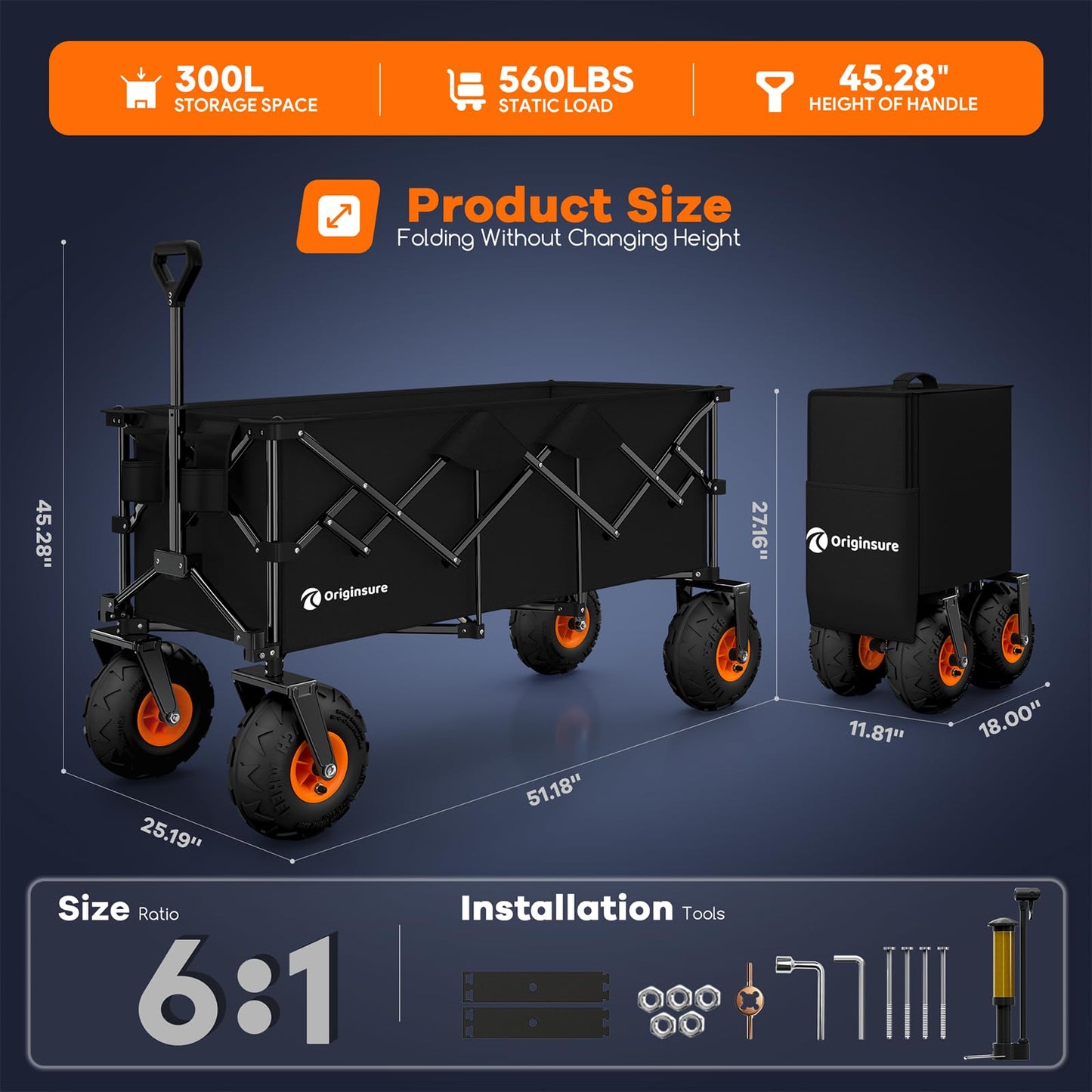 48"L Collapsible Beach Wagon with Big 10" Balloon Wheels for Sand, 560lbs Weight Capacity 300L Wagons Carts Foldable Heavy Duty with All Terrain Tires, Folding Cart for Camping, Grocery, Sport - Black