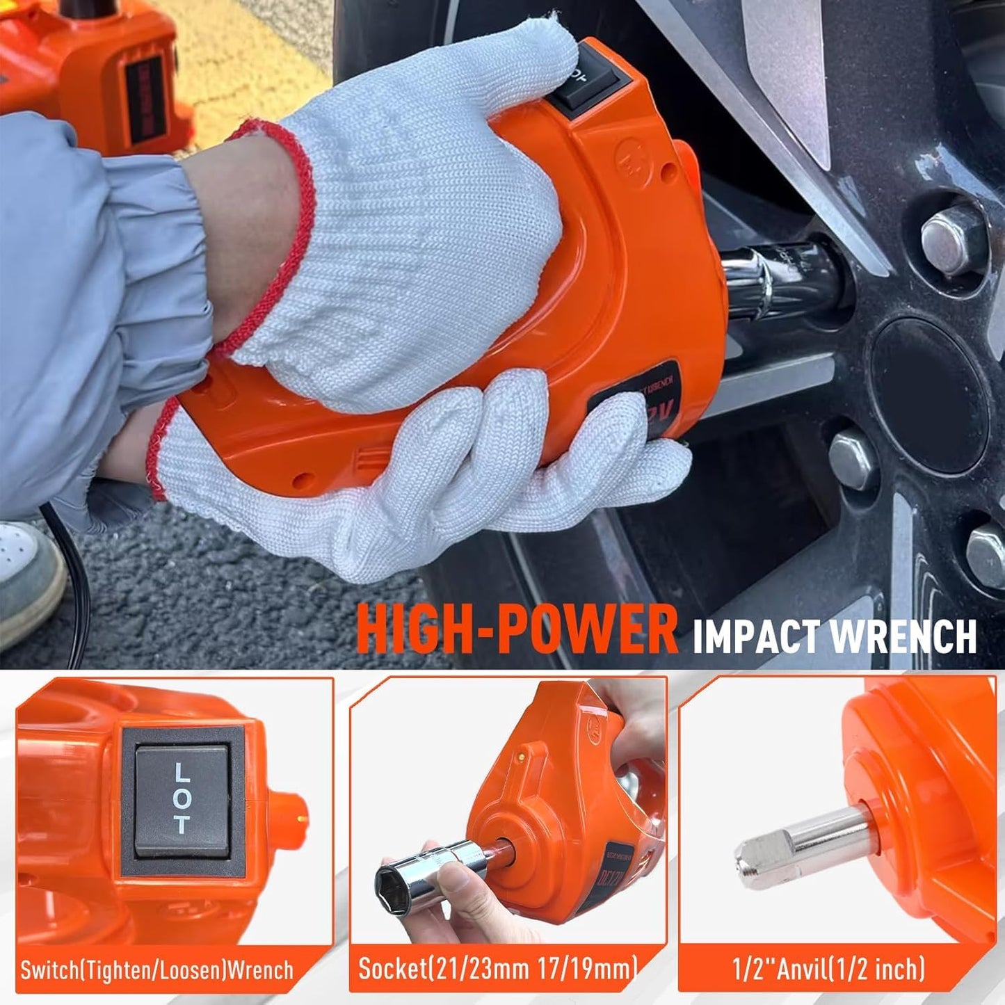 Electric Car Jack Kit 5 Ton 12V Hydraulic Floor Jack with Impact Wrench and Inflatable Pump for SUV Car Emergency Repair Tire Change Kit with LED Light