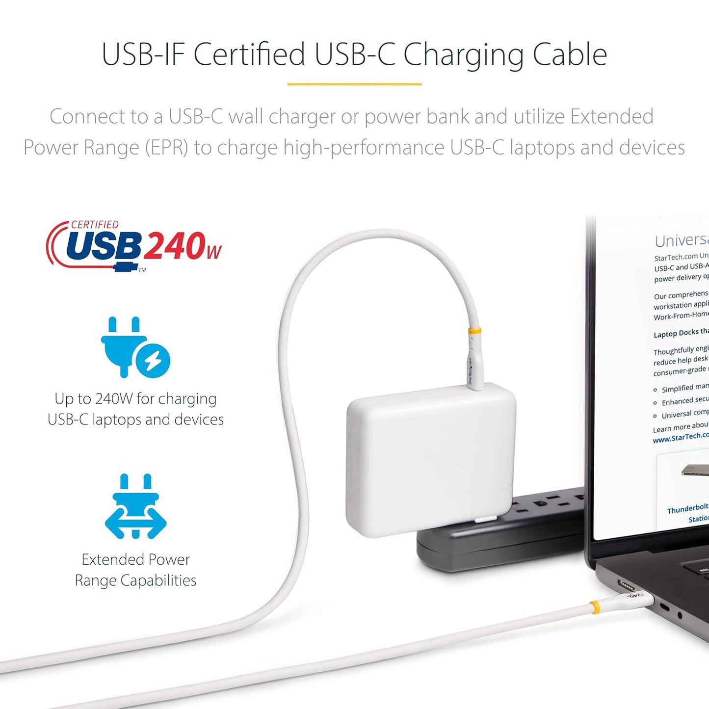 13ft 240W 2.0 StarTech.com White USB-C Charging Cable, USB-IF Certified USB C Cable, PD, USB Type-C Laptop Charger