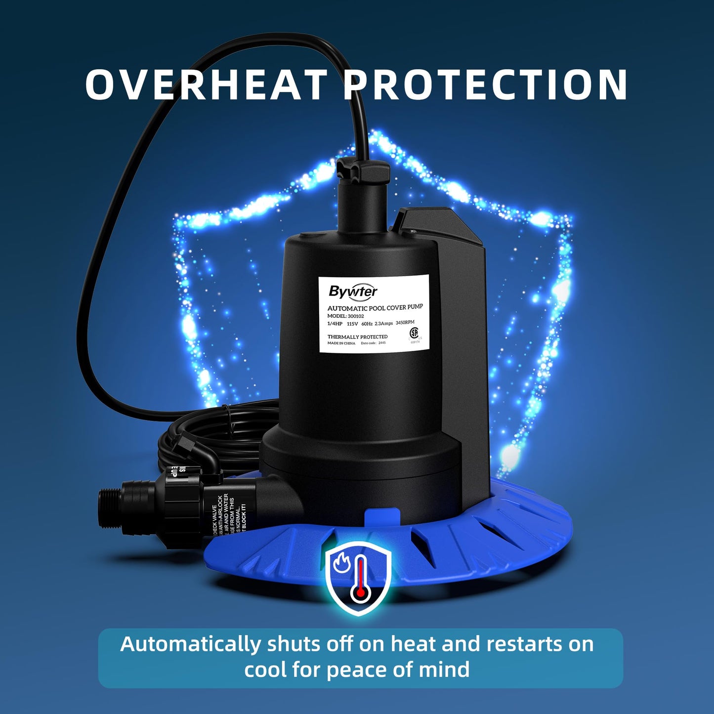 Bywter Pool Cover Pump, 1/4HP Automatic Swimming Pool Cover Pump, 1800 GPH Submersible Sump Pump with Check Valve Adapter for 3/4" & 1-1/4" Hoses and 25ft Power Cord, Water Removal for Pool Cover