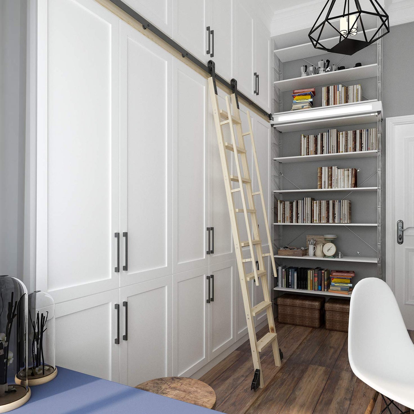 DIYHD 16FT Rustic Black Sliding Library Ladder Hardware,Bottom Wheel with Brake (No Ladder)