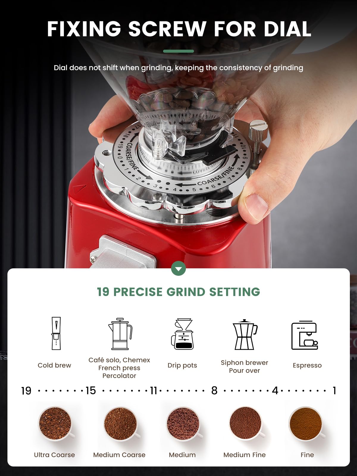 Huanyu Flat Burr Coffee Grinder with 19 Grinding Settings Large Capacity 35oz Red and Huanyu Electric Espresso Portafilter Cleaner 16L with Dual Brush Heads, 3 Scrapers Bundle