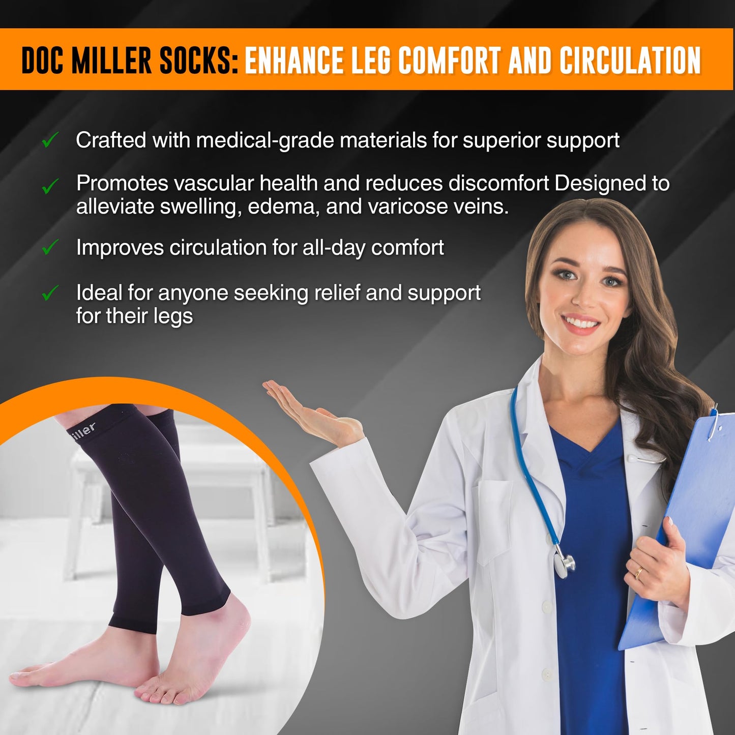 Doc Miller Premium Calf Compression Sleeve 1 Pair 20-30mmHg Graduated Support for Sports Running Circulation Recovery Shin Splints Varicose Veins (Black, Large)