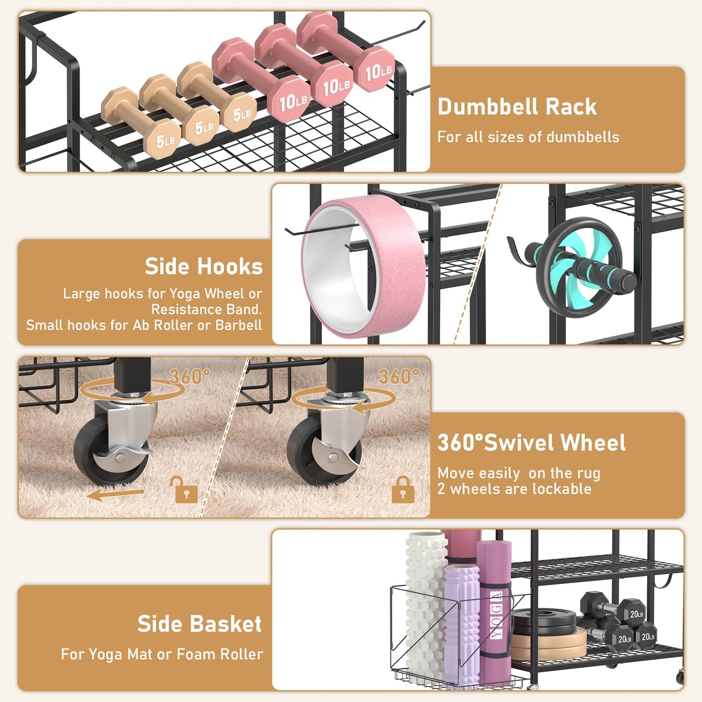GloCryp Home Gym Storage Rack, Multi-functional Workout Equipment Storage for Dumbbells, Kettlebells & Yoga Mats, Heavy Duty Weight Rack for Home Garage Gym, Rolling Fitness Equipment Organizer with Hook