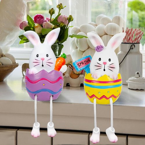 Lulu Home Easter Bunny Figurines - 2 Pack Resin Shelf Sitters with Dangling Legs | Modern Tabletop Decor