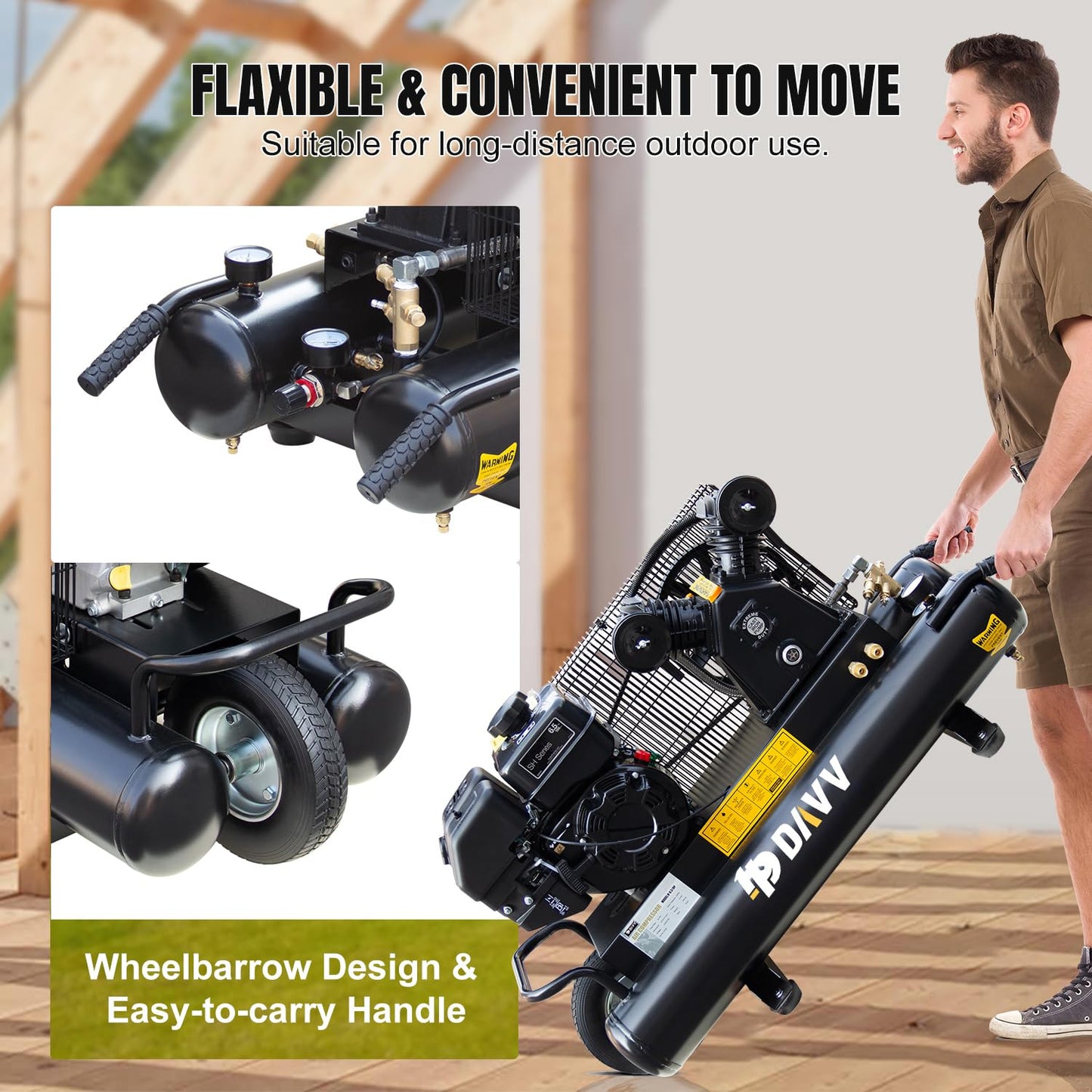 HPDAVV 6.5HP Gas Powered Air Compressor with Wheels 9 Gallon Air Tank 12 CFM Wheelbarrow Gasoline Powered Piston Air Compressor Max.125PSI for Workshop, Machinery, Construction Sites