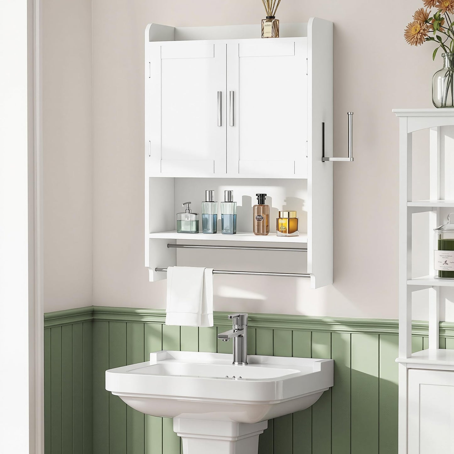 VECELO Bathroom Wall Cabinet, Wall Mounted Medicine Cabinet, Space Saver Storage Cabinet with Towel Bar for Bathroom Laundry Room Kitchen