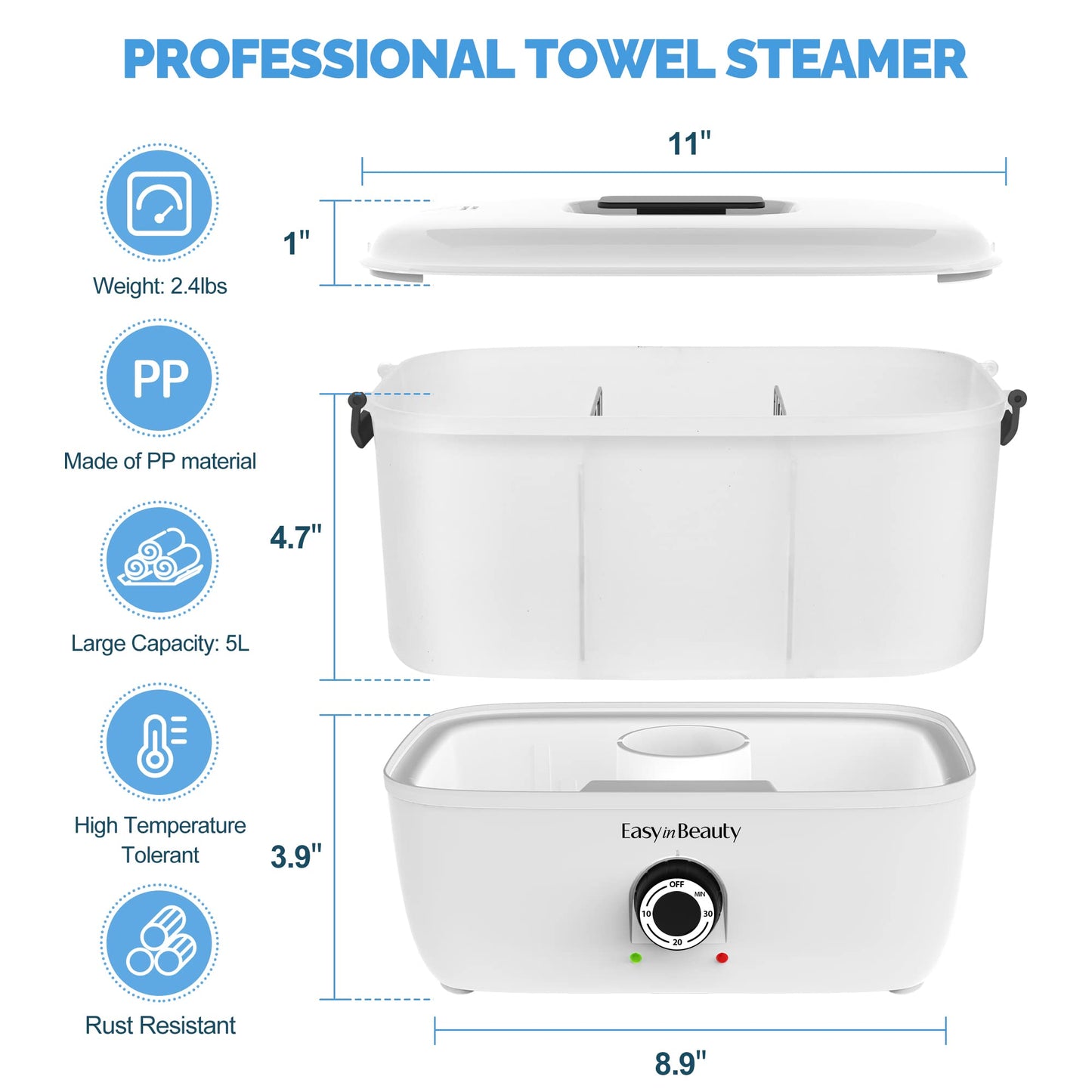 EASYINBEAUTY Hot Towel Warmers for Spa, Holds 16 Small Towels, 5L Portable Towel Steamer with Quickly Heating in 1-5 Mins, Auto Off Timer Foldable Towel Warmer for Facials, Barber, Manicures, Massage