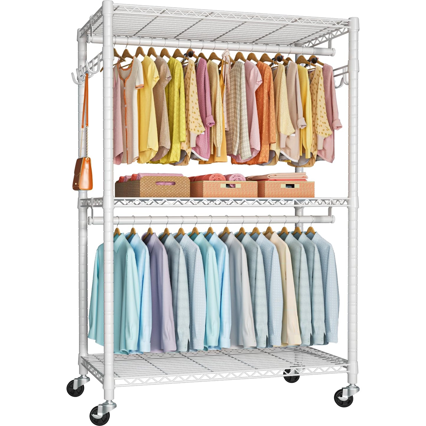 FUTASSI P1 Plus Rolling Clothes Rack, 22mm Diameter Heavy Duty Garment Rack with Wheels, Portable Closet Wardrobe with Double Rods, 45" W x 17.7" D x 80.5" H, Max Load 524 LBS, White