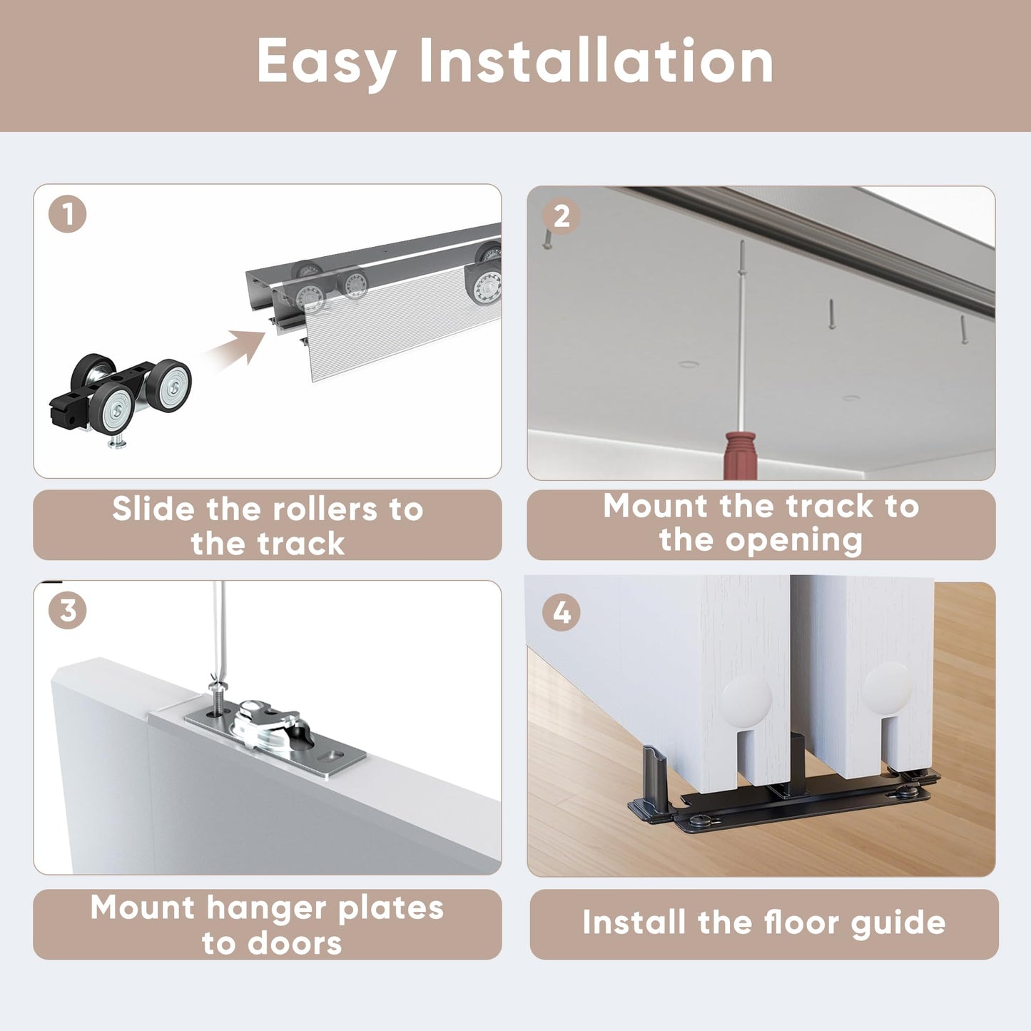 JUBEST Bypass Door Hardware 96", Aluminum Sliding Closet Door Hardware Set with Finger Pull Included, Smoothly and Quietly, for 2 Door System, Fit Door Thickness 1 3/8" or 1 3/4", Easy to Install