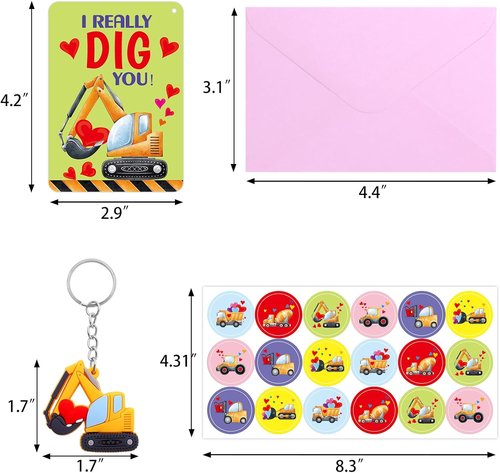 Fancy Land Valentine's Day Cards - 30 Pack Construction Theme with Keychains for Kids' Classroom Gifts