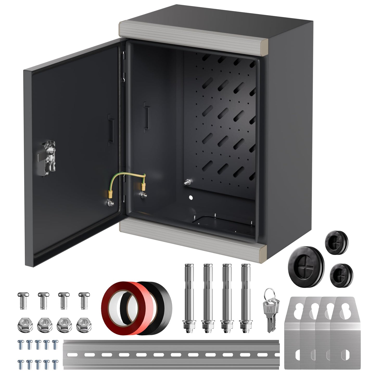 Joinfworld Outdoor Electrical Metal Box 15.7" x 11.8" x 7.8" Weatherproof Outdoor Junction NEMA Enclosure Box with Lock Din Rail Cable Gland