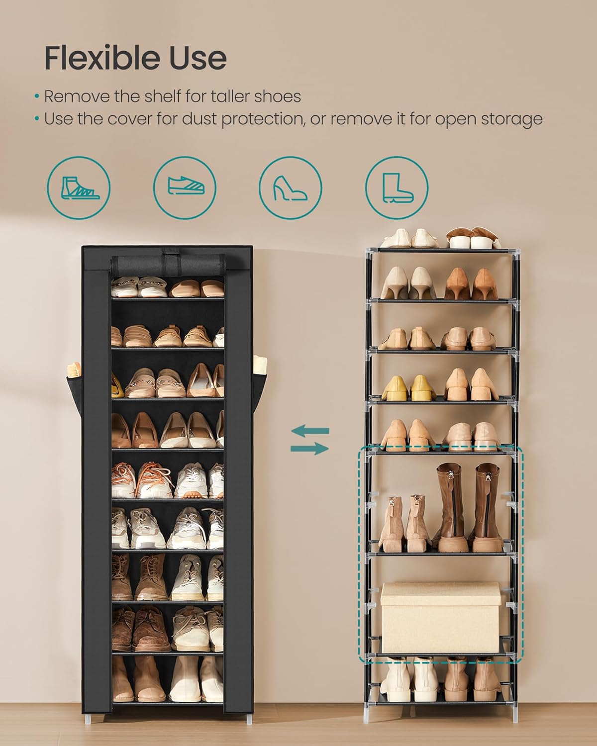 SONGMICS 10-Tier Shoe Rack - Dustproof Shoe Storage Cabinet for 20 Pairs - Black Free-Standing Organizer