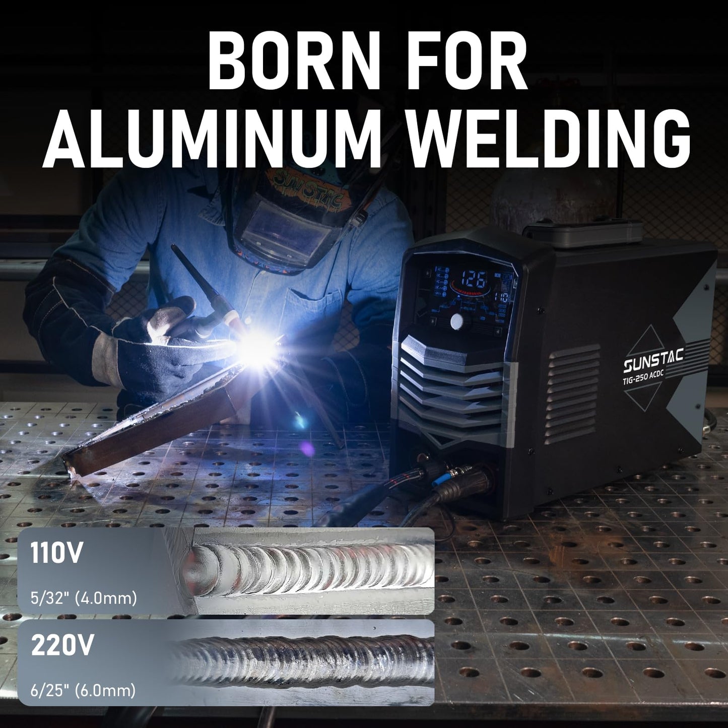 Sunstac 250A AC/DC Aluminum TIG Welder with Pulse, 110V/220V Dual Voltage TIG Welding Machine with DC TIG/AC TIG/Pulse TIG/SPOT TIG/Stick