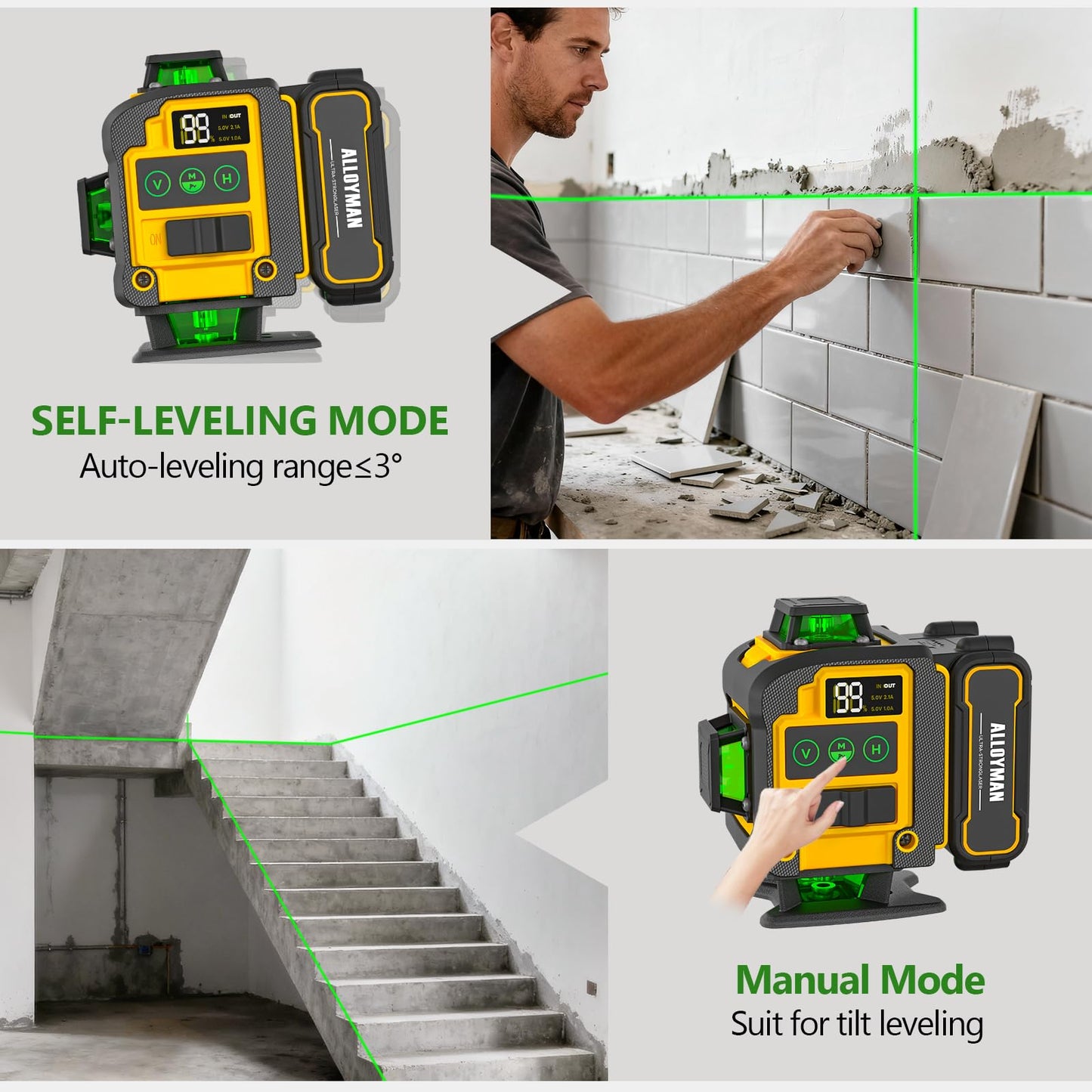 Alloyman 4x360°Self Leveling Laser Level, 12 Ft./3.7M Professional Laser Level Pole with Tripod, Green Line Lazer Leveler Tool with 2* Li-ion Batteries for Picture Hanging, Tile, Home Renovation