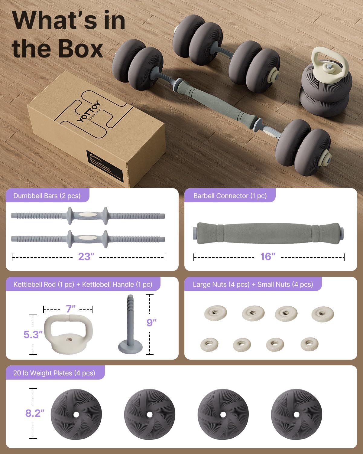 YOTTOY Weights Dumbbells Set,Free Weight Set with Connector, 4 in1 Dumbbells Set Used as Barbell, Kettlebells, Push up Stand, Weight Plate, Fitness Exercises for Home Gym